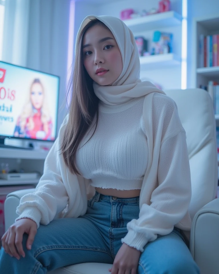 1 lady, wearing a brown colour sweater, wearing a long jeans, sitting in a cinema, (wearing a peach hijab), hijab covers her whole hair,(huge breast 1.6), sweet, thin waist, half body close shot, casual pose, (dark background)