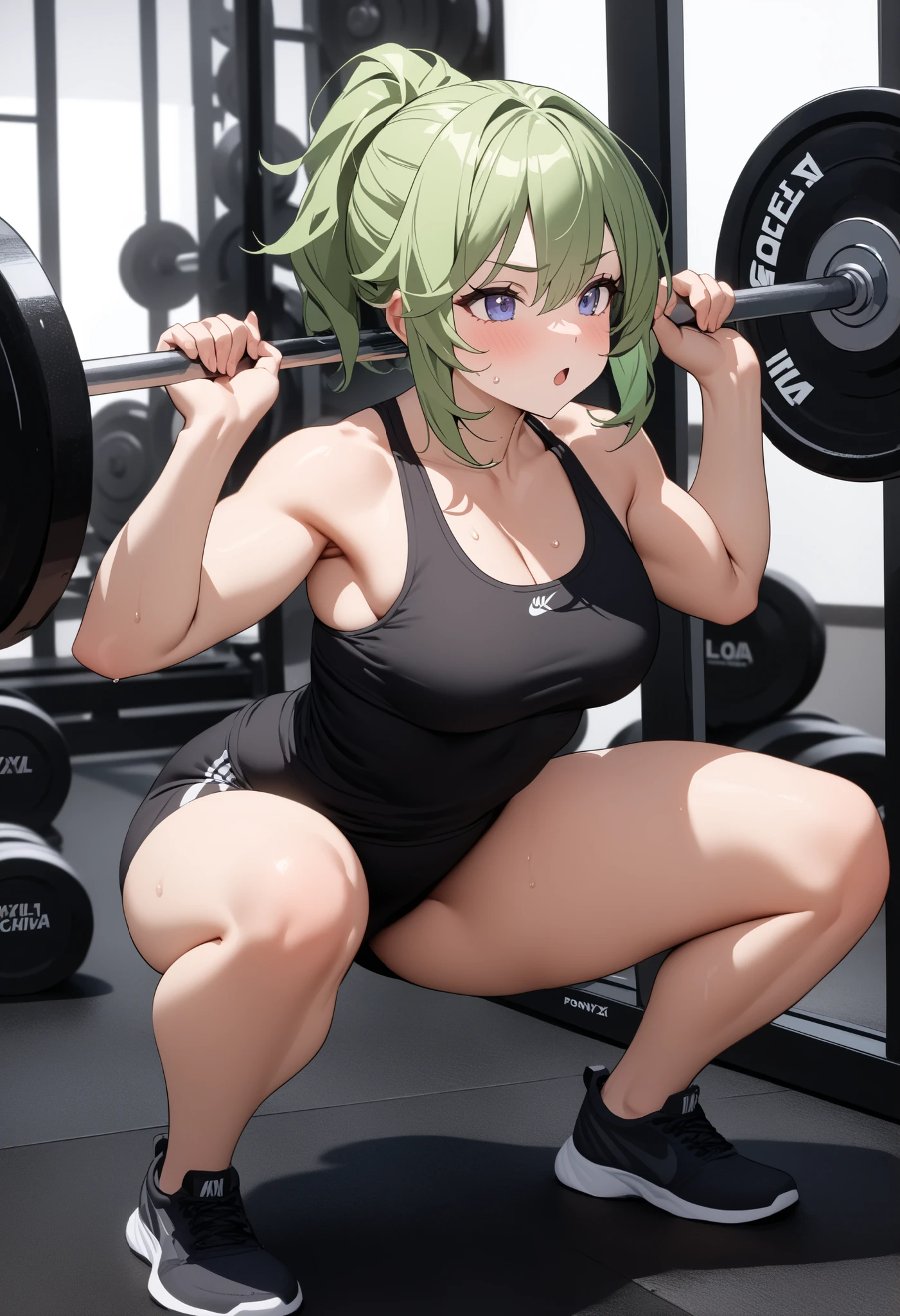 (((Best quality, 8k, Masterpiece: 1.3)), ((best quality)), ((masterpiece)), (detailed), perfect face, perfect body, (detailed skin:1.3), (intricate details), (lora:weighted-squats-ponyxl-lora-nochekaiser:1), weighted squats, squat (exercise), exercising, squatting, weightlifting, barbell, green hair, girl