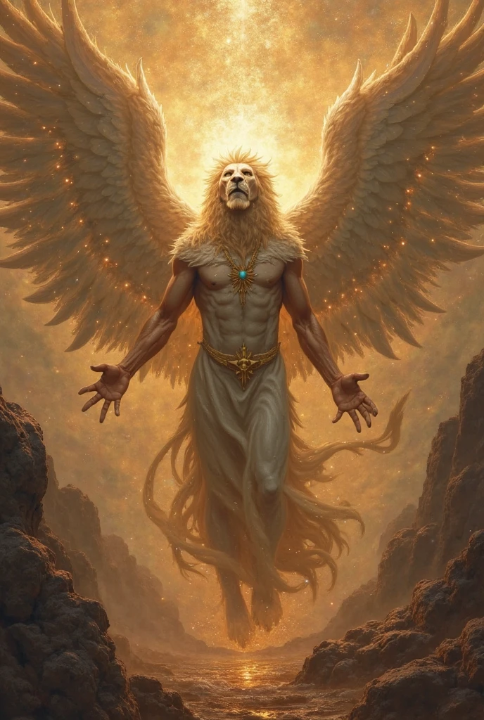 four headed cherub angel, a man&#39;s, an eagle, a bull and a delicious lion, with golden wings covering his body.