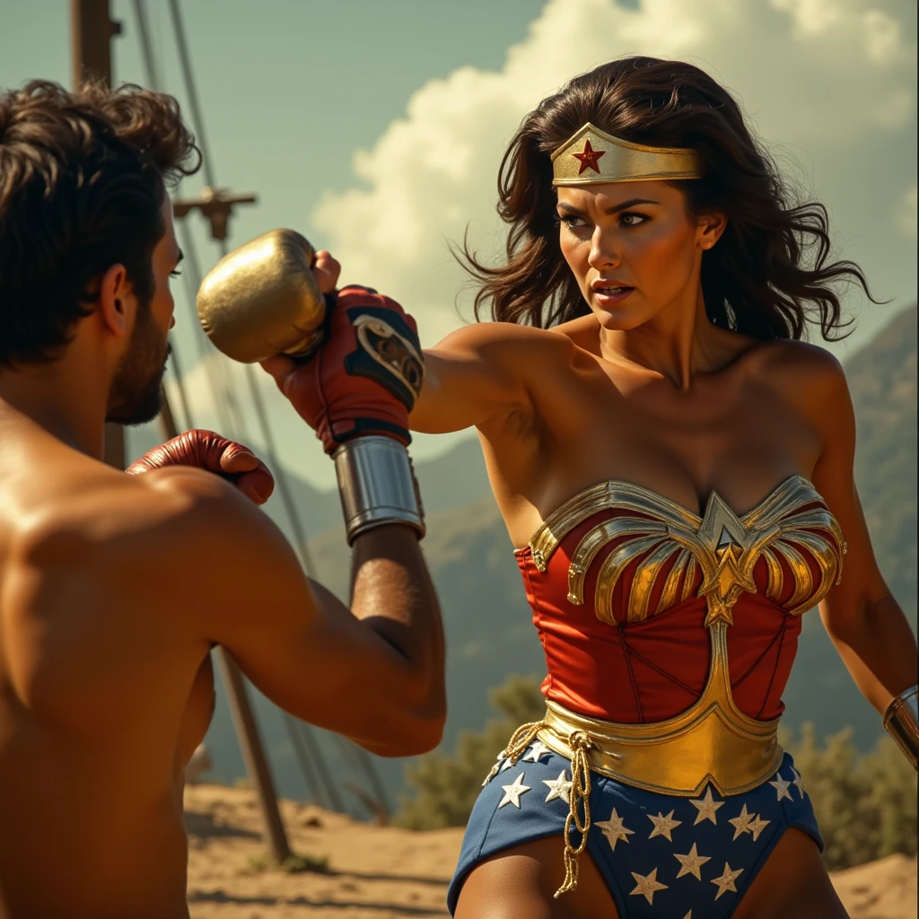 Generates the obese man with a mustache named Nicolás Maduro being beaten by María Corina Dressed as Wonder Woman dressed as Venezuela 