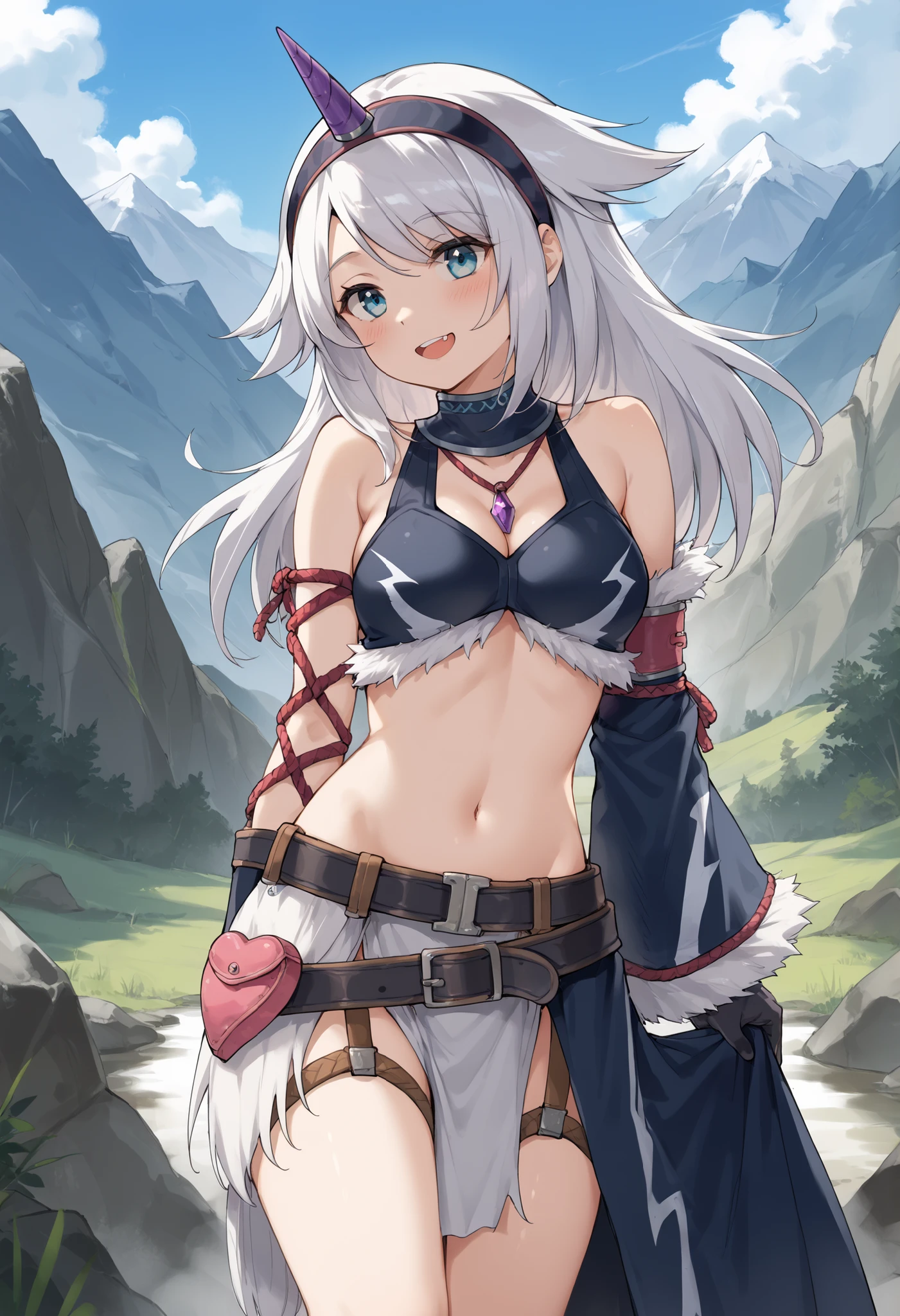 ( score_9:0.9), score_8_up, score_7_up,rating_explicit, anime style,(zPDXL), r armor, purple single horn headband, young_girl, Alone, long_gloves, black_knee_high , white_long_hair, shaggy_bang,Blue Eyes, under the arm, arms, medium_breasts , black_tubetop,mountain_background,wide_shawl, Detachable_long_Sleeves,(abs:0.6),white_fur_waste_armor,smile,(crotch_curtain),blush,light_open_mouth,smart_waste