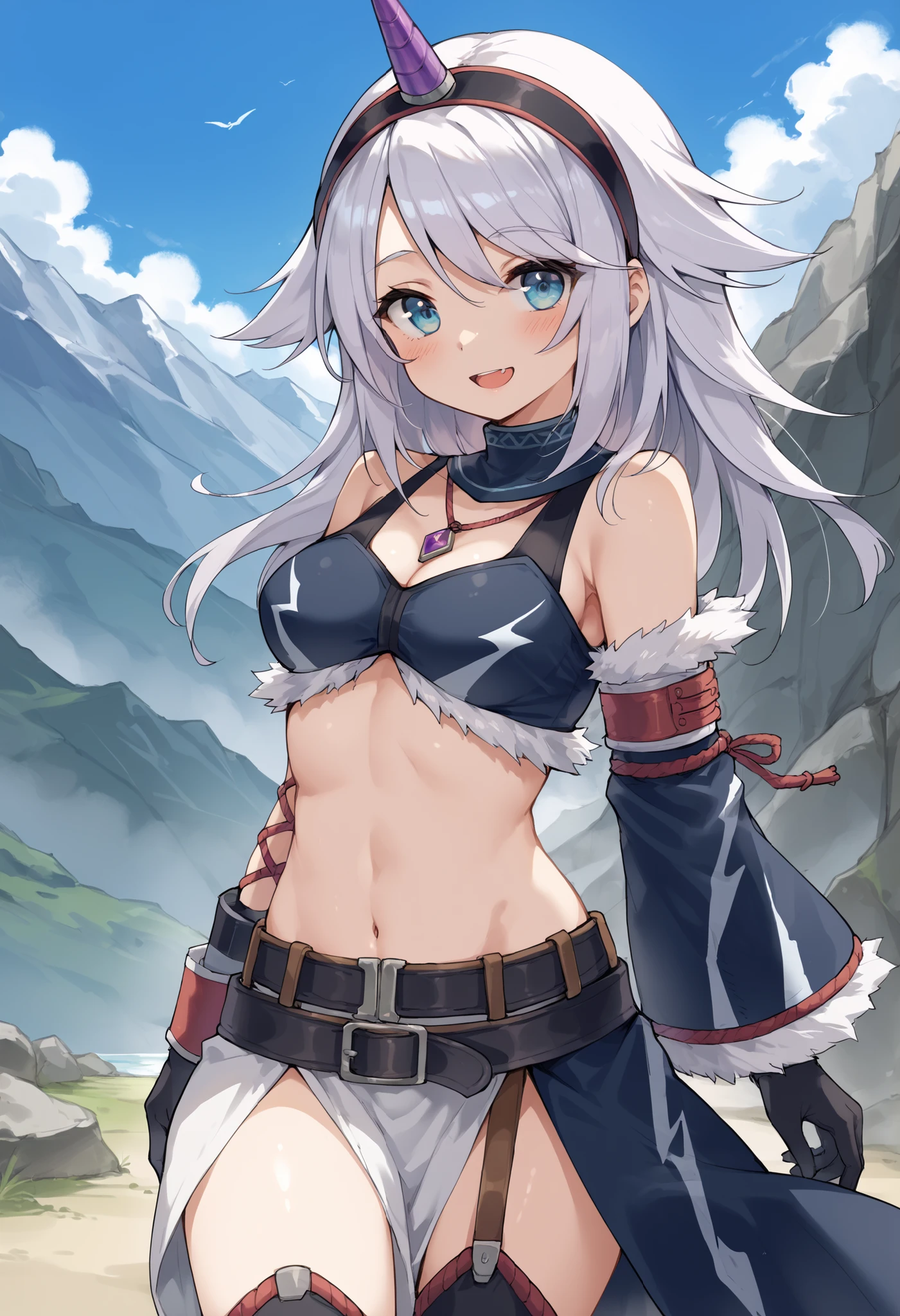 ( score_9:0.9), score_8_up, score_7_up,rating_explicit, anime style,(zPDXL), r armor, purple single horn headband, young_girl, Alone, long_gloves, black_knee_high , white_long_hair, shaggy_bang,Blue Eyes, under the arm, arms, medium_breasts , black_tubetop,mountain_background,wide_shawl, Detachable_long_Sleeves,(abs:0.6),white_fur_waste_armor,smile,(crotch_curtain),blush,light_open_mouth,smart_waste
