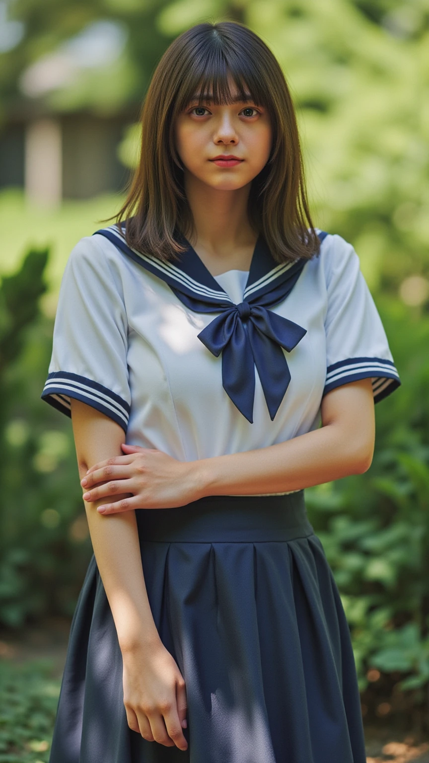 neat college girl, (school uniform, sailor uniform, ribbon tied at chest, summer clothes, upper body white, skirt dark blue, short sleeves), outside the athletic field, (slim), photorealistic, detail, skin texture, ultra detail, delicate and sexy collarbone, smile, super detailed face, detailed lips, detailed eyes, double eyelids, small breasts, small breasts, small, flat breasts, breast emphasis