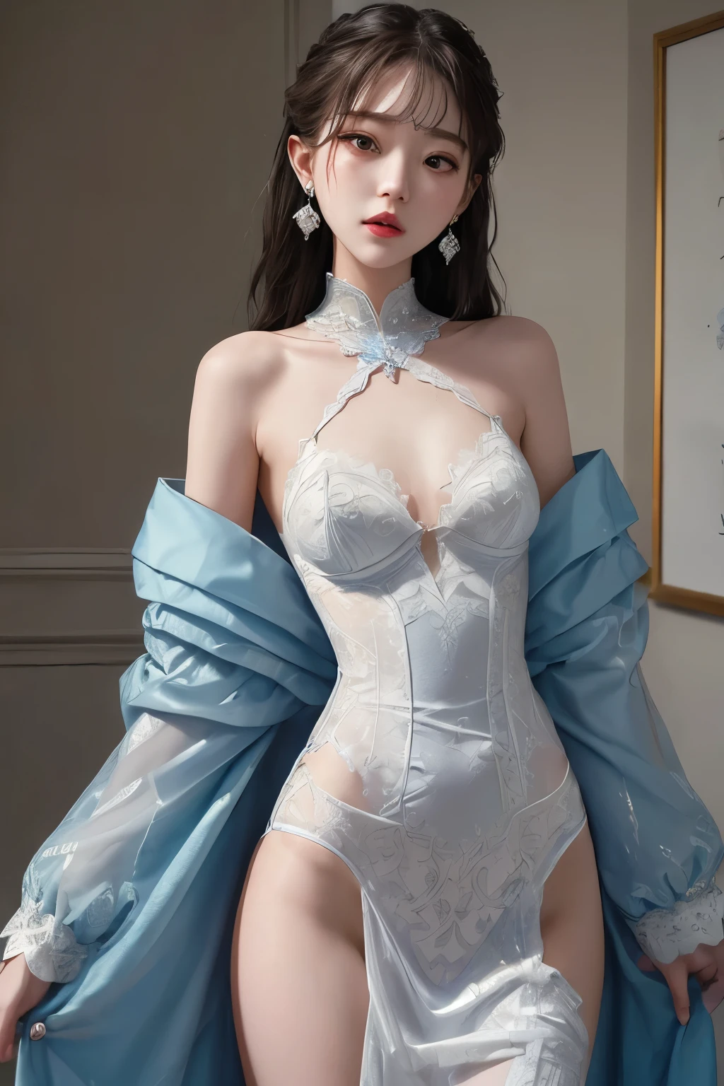 Her first set of pantyhose was a delicate shade of powder blue, adorned with tiny flowers that seemed to dance and sway with each movement she made. She posed gracefully, arching her back and stretching her arms overhead, revealing the perfect smoothness of her alabaster skin and the toned muscles of her arms and legs. The lace trimming on the hems of her pantyhose gently caressed her silky-smooth thighs, making them appear even more alluring.