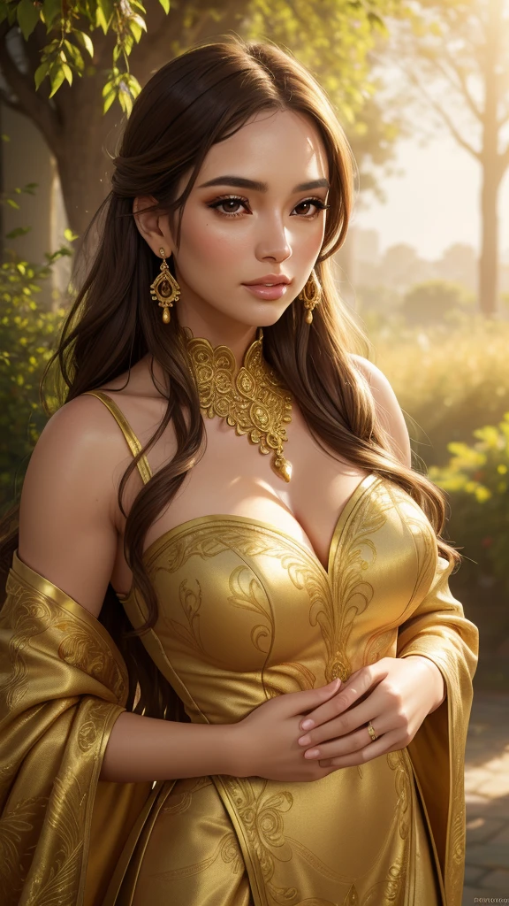 (MESTRA CIGANA SULAMITA) super-realista, Standing showing all her realistic 8K red/yellon lace dress floating in space , cabelos negros, pele, dourada, corpo full body perfect , Detailed Hands with Ruby Ring, 40 anos, Mystery front image ::8, (((saia longa de cigana rodada detalhes rendados de cor vermelha e amarela ))), Intricate yellon Makeup Patterns ::7, body ::6, Aura Encantada, magia brilhante ::5, On your card table, Bubbling Potion ::4, Magic ingredients, spellbooks ::3, gesto de spellcasting ::2, mistic ambient, supernatural presence ::1. Smoke and atmosphere: , poderes naturais, como frutos, folhas, cristais, She has long, dark curly hair with million rose red and yellon tucked into it. Her makeup emphasizes her eyes, and she's wearing large, dangling earrings and multiple necklaces with colorful beads and pendants. The woman's clothing includes vibrant fabrics with patterns. The overall aesthetic is very bohemian and romantic, evoking a free-spirited, nomadic culture. The lighting in the image is warm, giving it a rich, rendas golden glow that enhances the romantic atmosphere.16K.