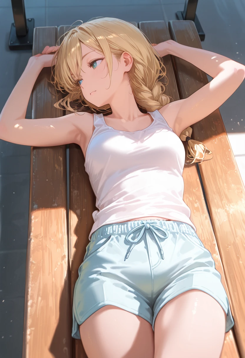 Lie on your back on a wooden floor、Eyes closed、Exhausted:1.1、Peaceful expression、profile、belly button、Hands on stomach