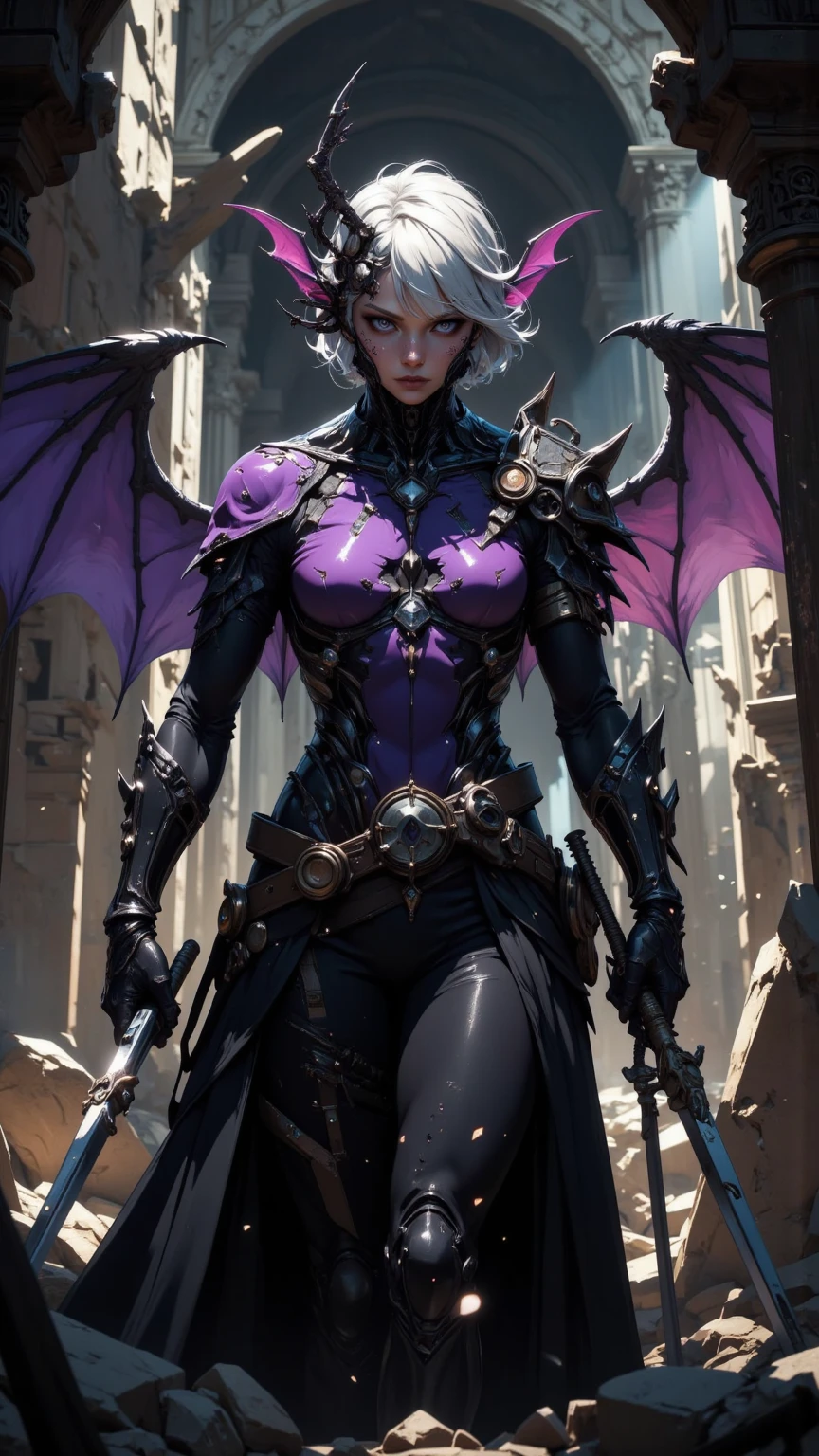 ((Best Quality)), ((Masterpiece)), (Details: 1.4), 3D, (Image of a beautiful wyvern girl in a gorgeous laced dress-like cybersuit), black dragon scale armor, pterosaur heavy armor, (style combining bat features), ((Add lace decoration to the suit)), (Dragon horns on the head), Gothic style, ( Add mechanical dragon tail), (add mechanical pterosaur wings on the back), (add black full-face helmet with dragon eye cyber lens)), cover the entire face with a mask, HDR (High Dynamic Range), ray tracing, NVIDIA RTX, Super Resolution, Unreal 5, Subsurface scattering, PBR texturing, Post-processing, Anisotropic filtering, Depth of field, Maximum clarity and sharpness, Multi-layer textures, Albedo and specular maps, Surface shading, Accurate simulation of light-material interaction, Perfect proportions, Cyber Dragon Woman, Long purple hair, Sharp eyeliner, (full body)), Sharp focus, Octane rendering, two-tone lighting, wide aperture, low ISO, white balance, rule of thirds, 8K RAW, circuit board AI, 4k, fog, night sky background, beautiful western vampire girl, dead man's skin color, red eyes, gothic makeup, human five-finger,