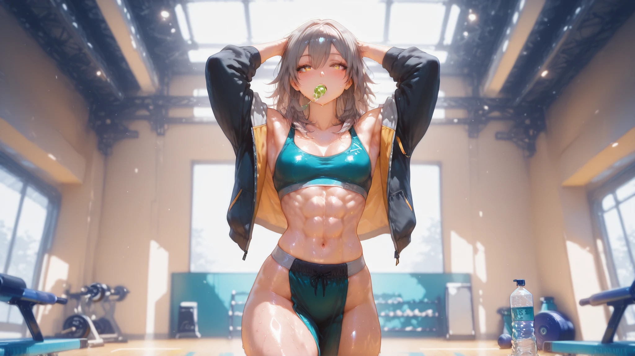 （Sweat, White skin:1.5、Light gray sports bra, Black stained clothing:1.5）, cameltoe, Brand logo on the bra, Fitness, Bodybuilding Poses, ((ブラにSweat染み:1.5, Sweatで濡れている, Sweat染み, Flood Grey Sports Bra))
