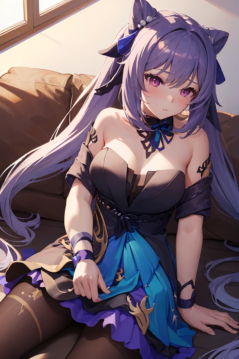 (((8k))), (((Masterpiece))), (((Ultra-detailed))), (((Superlative))), Mature woman, Keqing, ((gigantic breasts)), (((pouting))), (((blushing))), (((living room))), (((arms behind head))), (((armpits)))