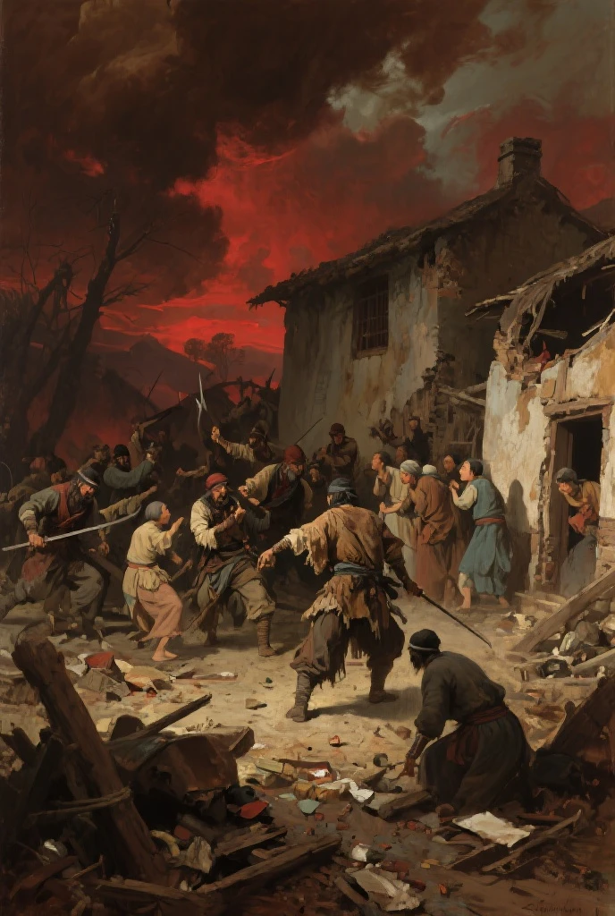 The vintage poster of the film with the character [Putin is terrible, cannibal, on his forehead the letter "z"]. Putin knit a girl in a torn and bloodied Ukrainian national costume with a knife. She is all in blood and screams in pain. She resists Putin and scratches his face with her hand. At the bottom of the poster it is written: "Be patient, my beauty ...". The scene against the background of destroyed and burning buildings. The title of poster: "I want peace? Give me all of Ukraine!"
In the style of posters of the film of the 1980s.