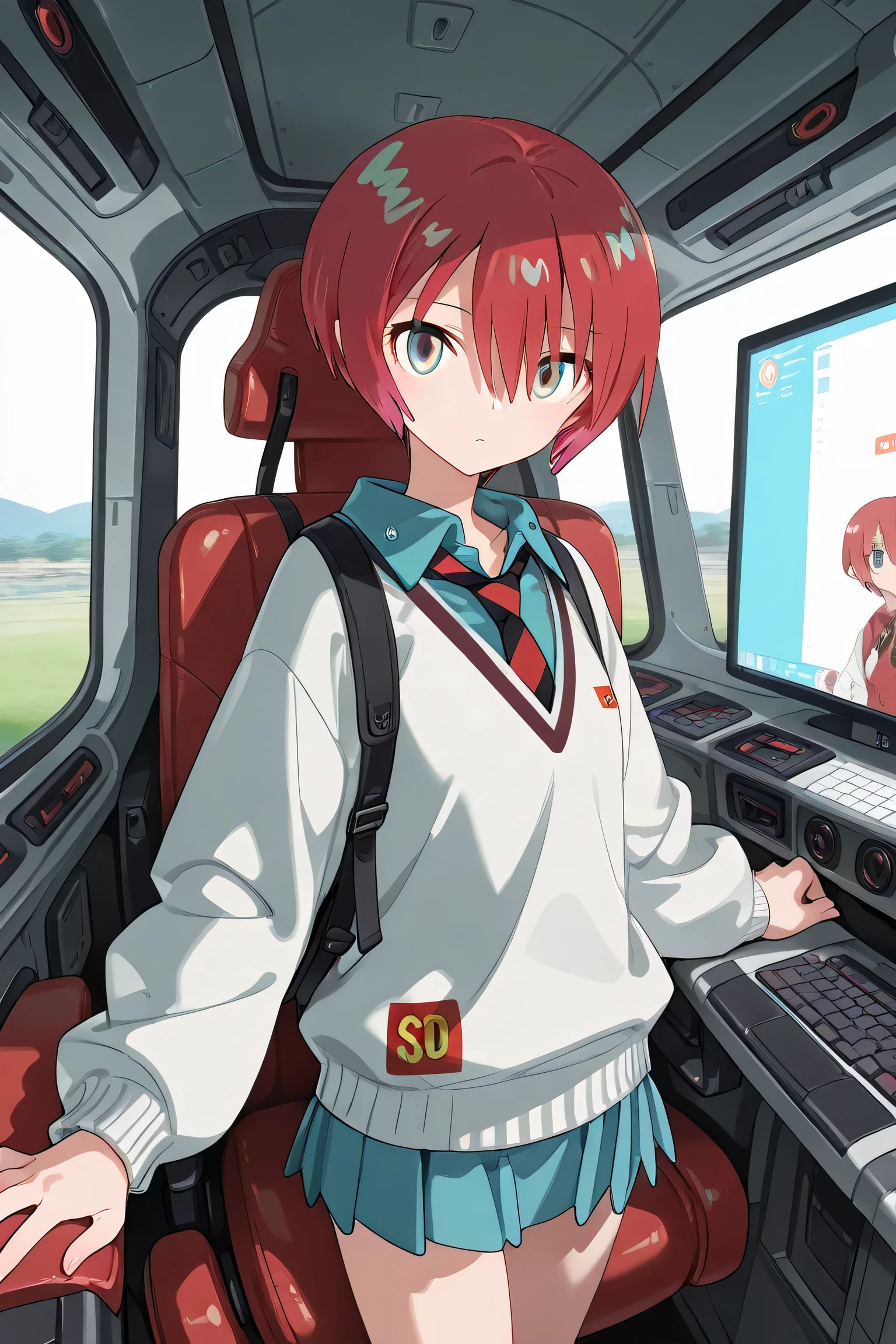 masterpiece, 最High Quality, so beautiful, newest, recently, 【contemporary, smdfmkn , Fumikane Shimada, from her surroundings, amate yuzuriha ,from her surroundings,solo, amate yuzuriha , short hair,red hair,multicolored hair, aqua eyes,Rainbow Eyes,And even bigger、 small 、round 、 Valley Emphasis 、soft、 masterpiece,最High Quality,High Quality,so beautiful 、five fingers、{{Zeon Army}}、Exposed outside、shame、Zeon Army、、 watch viewers,(masterpiece),(最High Quality),(ultra detailed),(best illustrations),( Best Shadows ),(Detailed Background),(so beautiful ),masterpiece, 最High Quality , high resolution, Detailed Background, Ladies One, alone, Ladies One性, solo、five fingers、Passenger tram、light blue skirt with Fuji Marutaichi、 private clothes 、unusual outfit、mobile suit cockpit、Full perimeter monitor、