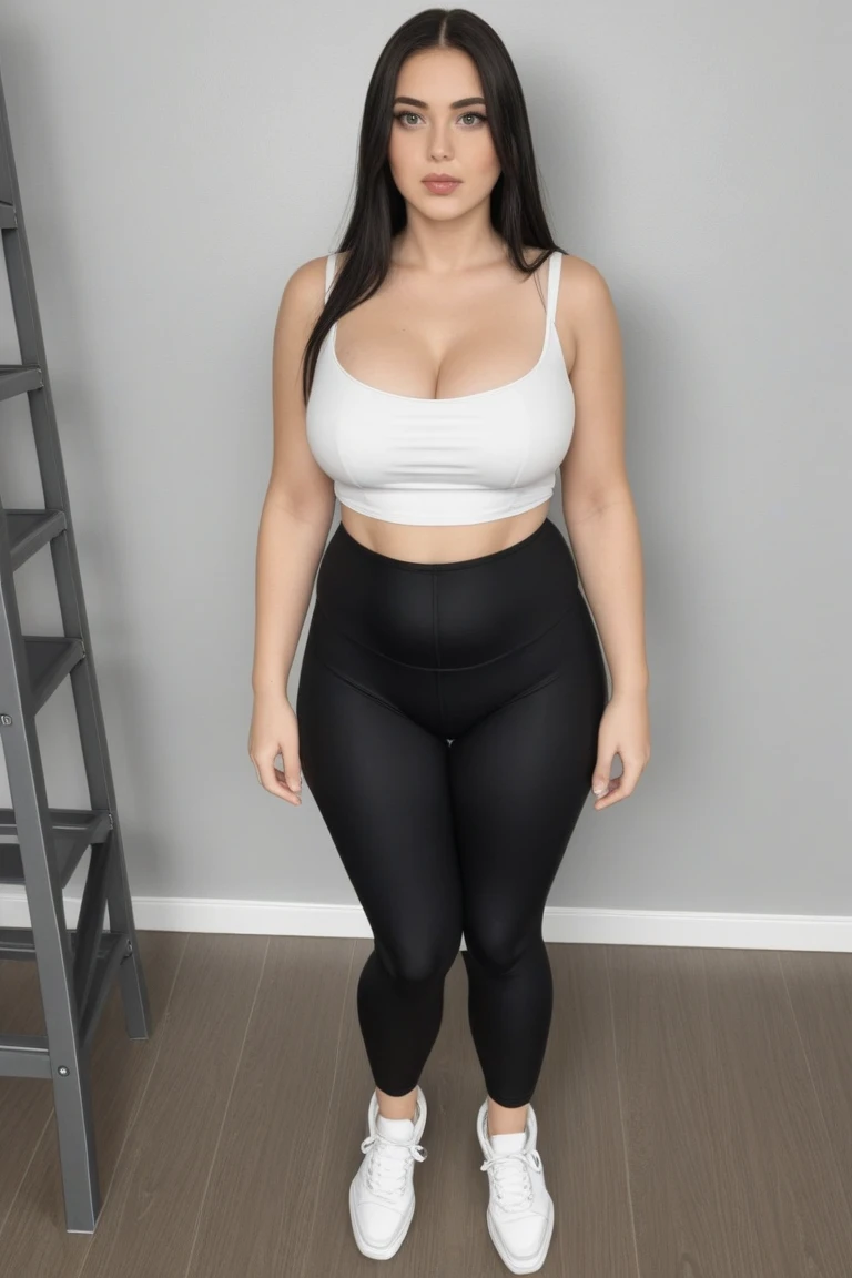 (best quality, high-res, ultra-detailed), realistic, a sexy woman with big breasts, detailed facial features, long flowing hair, wearing a black lace bra, and an open-front long-sleeved blouse, tight-fitting black panties, Nike sneakers. The scene is set in a dimly lit room with soft, seductive lighting emphasizing the woman's curves. The overall color tone is warm and sensual.