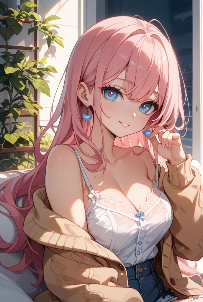 1woman,Sit on a boat,on the lake, smile,blue eyes,Beautiful makeup, long eyelashes,early in the morning,stunning,half body photo, very detailed face,cute,,HD face, perfect face,Short white dress, pink cardigan,very big breasts,Blonde hair,blonde hair,bangs,long hair, straight hair,ultra detail,ultra Hd, masterpiece,4k