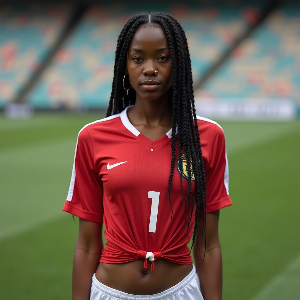 a black female teenage soccer player in a red and black uniform with hair in male cornrows glued to the top of her head