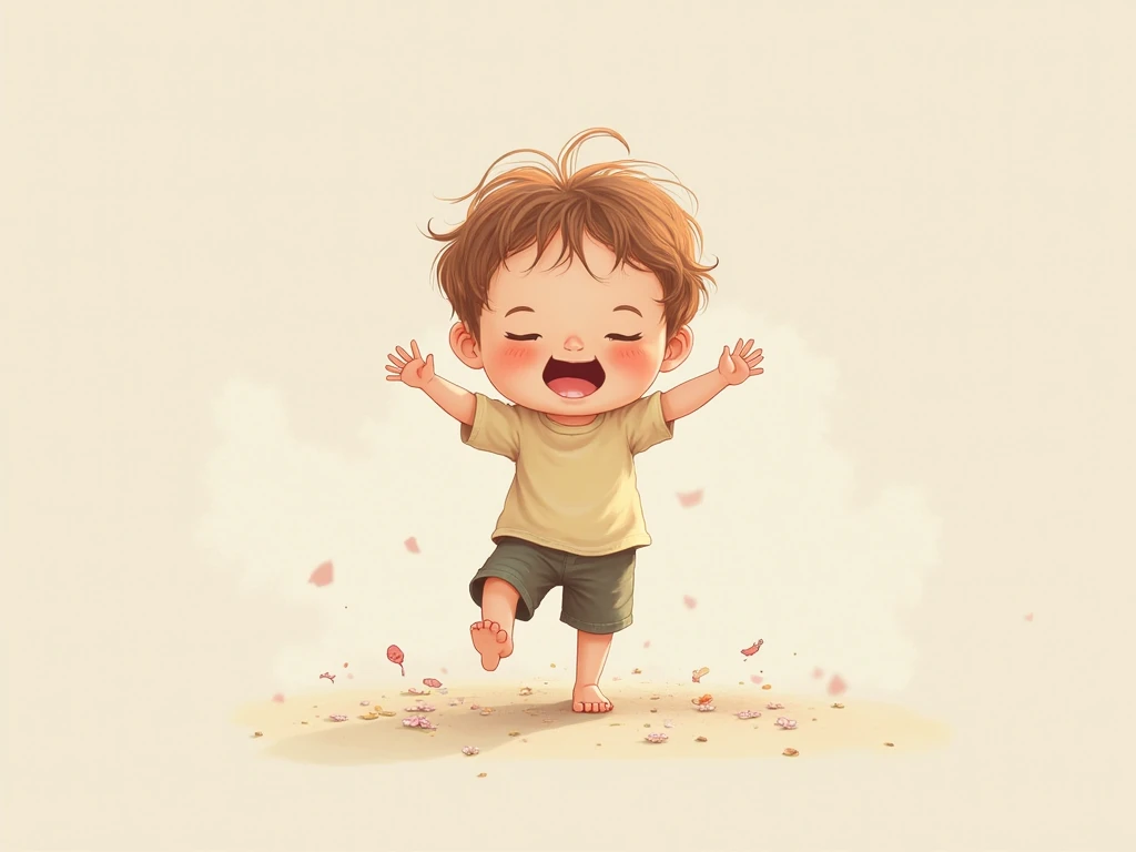 Create a watercolor drawing of a three-year-old boy with short hair and his entire body playing with a paper boat..