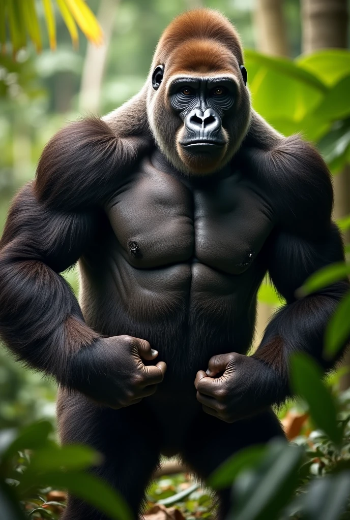 Angry gorilla hitting his chest with a clenched fist, with hair