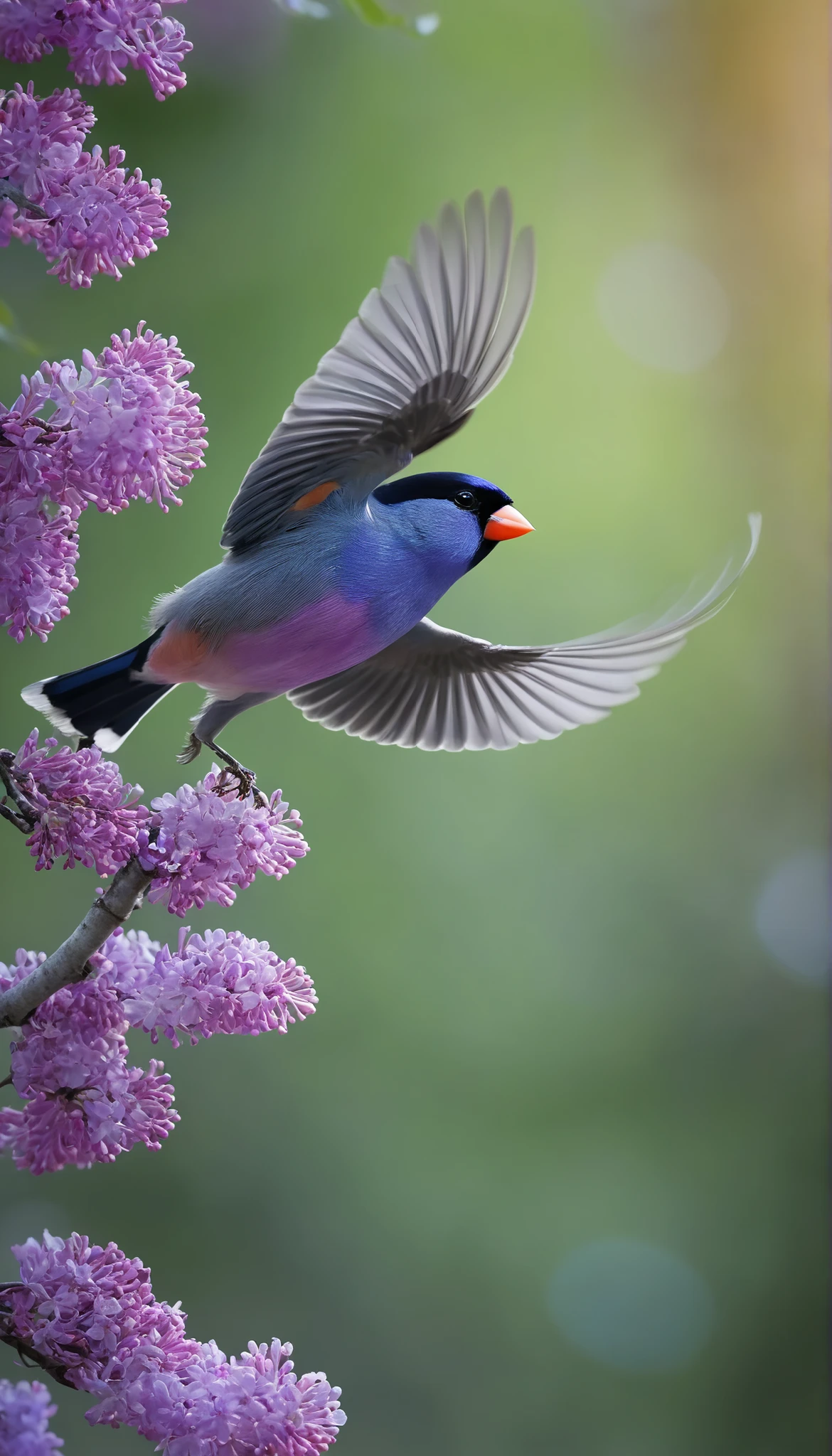 in gentle light、It is a beautiful image of the most beautiful bird in the world and、a lilac-colored bullfinch taking off from a branch of a tree in the forest when you get close。