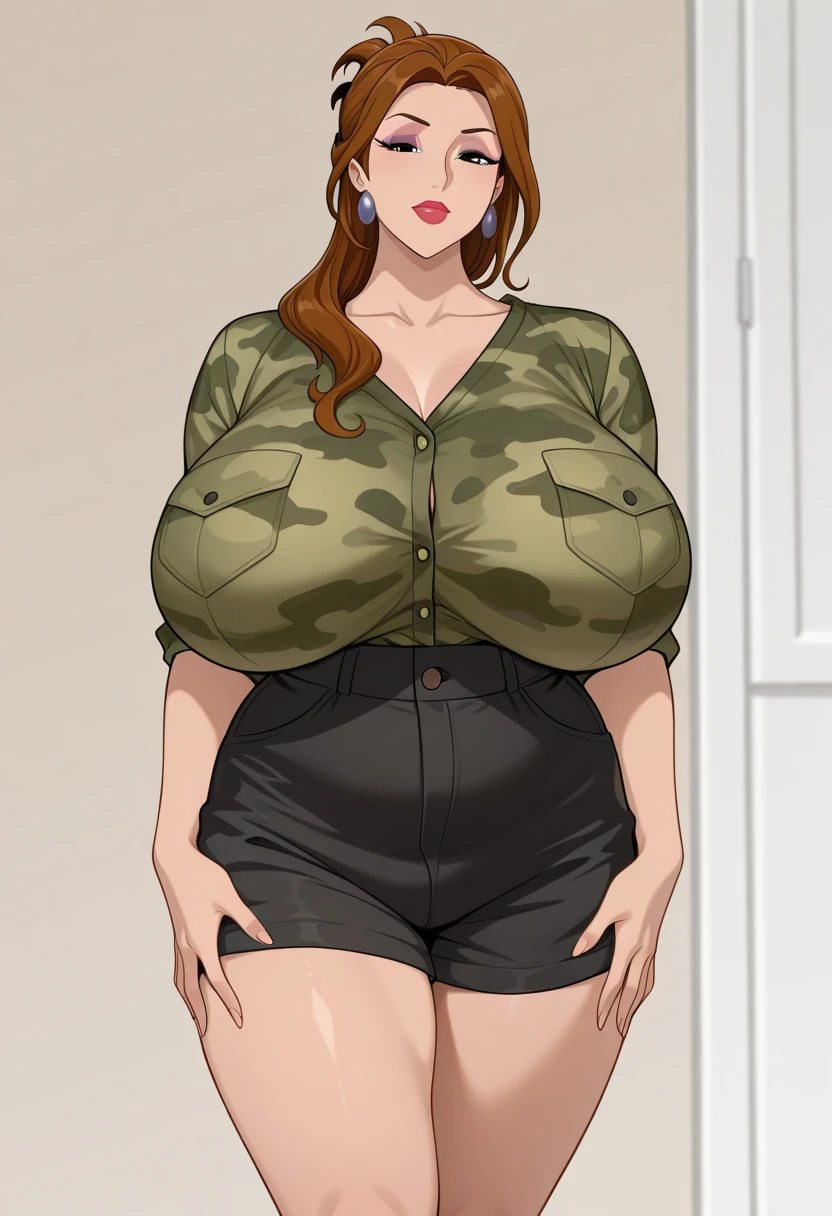thicc ,full body, green t shirt,huge breast, brown hair, short hair, red eyes , 1 girl, see through cloth
