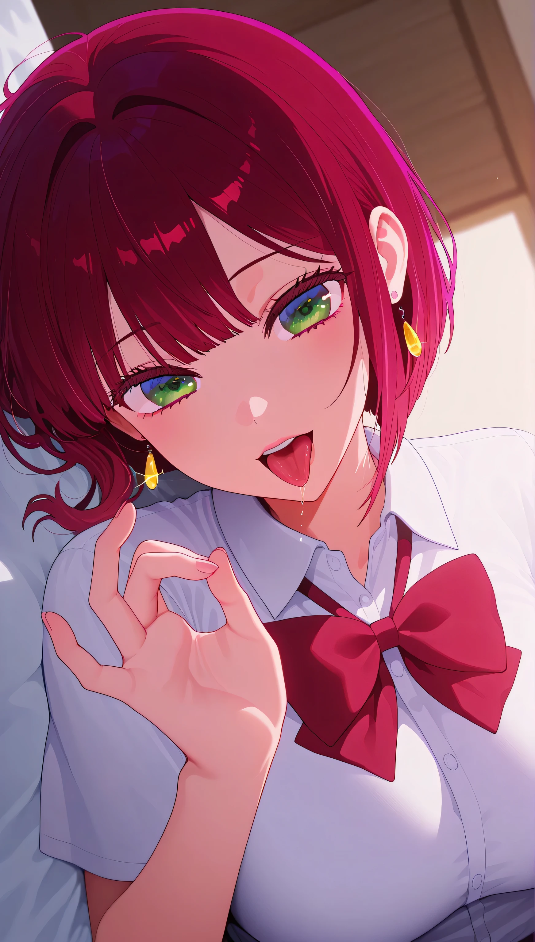 (masterpiece), (portrait), big breasts (aesthetics), ((1 female 21 years old)), Highlight earrings), ((long hair)), ((blonde hair)), ((Kana Arima)) red hair, short hair, bob cut, thin eyes open, green eyes, cute, naughty, blowjob gesture with hand, tongue and saliva, mouth open panting, woman, feminine, beautiful, female features, top, high quality, aesthetic clothing, professional angle, (rule of thirds), (feminine), , (beautiful) , (female ) features), solo, (Korean attractive), summer, (ink haze), (afternoon), (vibrant light), seductive posture, ((face looking forward))), Kana Arima, school uniform, bow tie, white sexy panties, sensual ((Energy)), (Bold Makeup), (Medium Breasts), Fair Skin, (Clothes with Hip Hop Details), (a hot Kana Arima, sculptural body, sexy pose), (Sleep Neckline), Beautiful Hands, Body beautiful, beautiful ears, beautiful eyes, bright eyes, beautiful mouth, beautiful lips, on the bed all shy, lying down