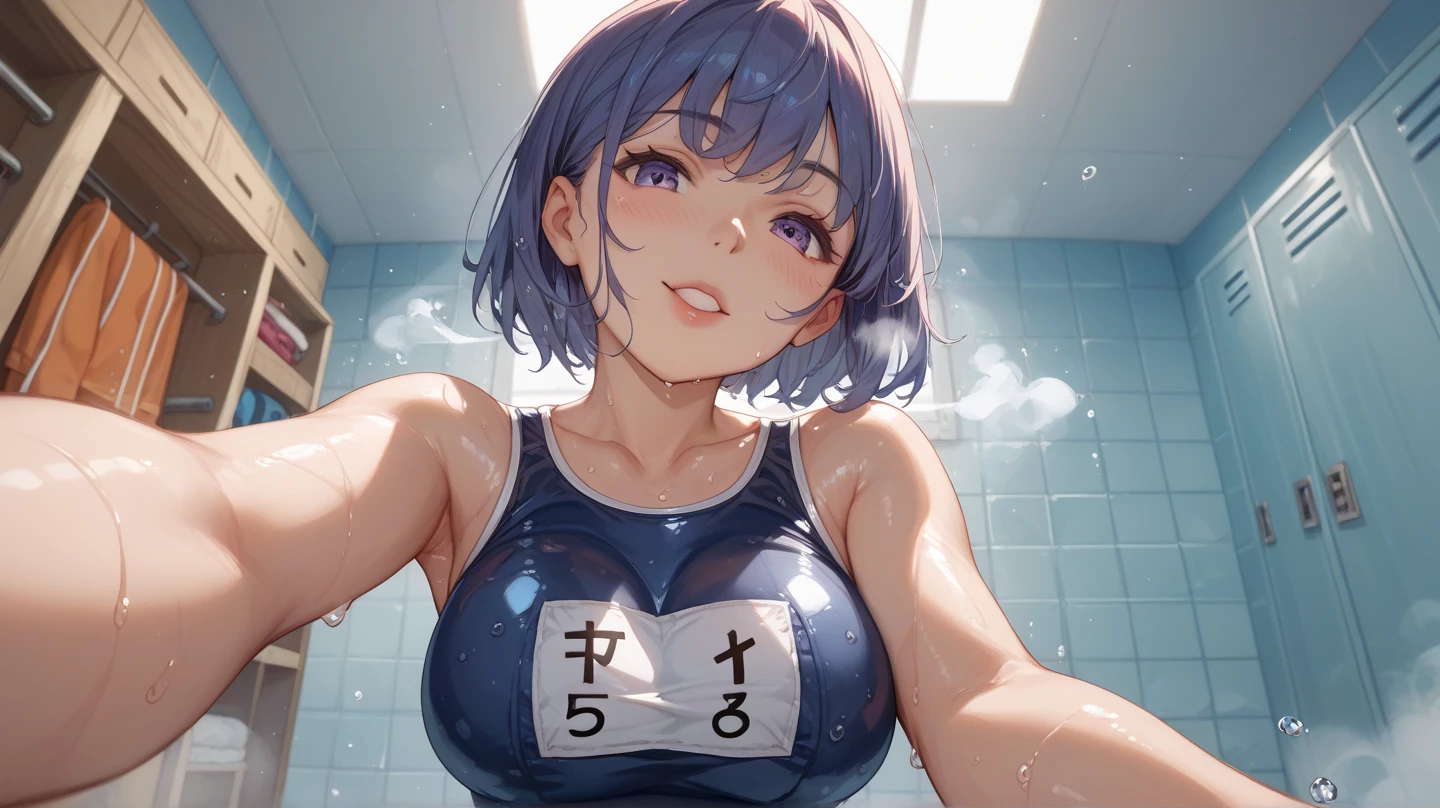 Unity 16K Wallpaper, Masterpiece, Best Quality, Ultra-Detailed, Extremely Detailed CG, Caustics, Cinematic Lighting, Detailed, Beautiful Detailed Eyes, 1 girl, (school swimsuit, saliva:1.3, blush, Heart mark around the head:1.3, small face, cry, pool), sweaty, blue hair, short hair, model posing