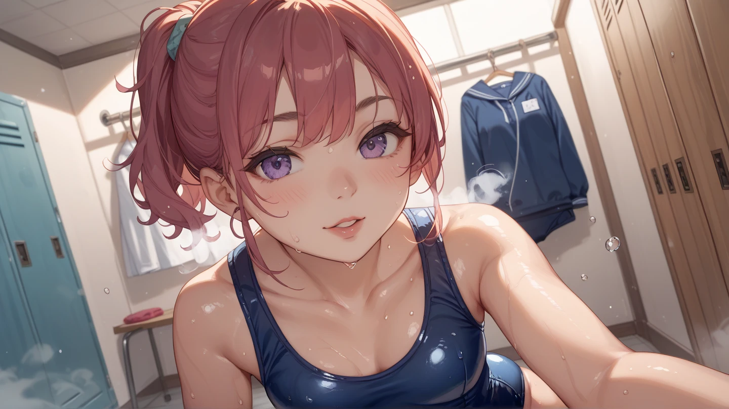 (masterpiece:1.3, Highest quality, Ultra-high resolution, Very detailed), (Realistic, photoRealistic:1.4), Beautiful illustrations, Perfect lighting, Natural light, Written boundary depth, , Beautiful detailed hair, Beautifully detailed face, Beautiful attention to detail, Beautiful clavicle, Beautiful body, Beautiful breasts, Beautiful thighs, Beautiful legs, Beautiful Hands, View your audience, (Face Focus), 1 girl, high school girl, The whole body is covered in oilで光沢感がある　Tissue paper cut into small pieces,　 A small crumpled roll of tissue paper, A small piece of tissue paper that had fallen to the ground, torn apart and crumpled,　Excessive sweating on the face,Sweat dripping down,Sitting on an old bed,　Duvet with a light yellow stain　Old gym mat ,Gymnasium Warehouse,　There are lots of small rolled up tissue papers on the floor. ,　Crumpled garbage is scattered everywhere.,　Very old gym mat, 　 Messy room,　　Dimly lit room　Hardwood Floors　Scattered small rolled tissue papers　Upper body sailor suit, Lower body swimsuit　Inner swimwear　Illustration Style　Anime Style　Small lips　Face of Shame　Embarrassing　beautiful girl　Very cute clothes　Cheeks pink　Light purple hair　Blonde long hair　super curly hair　Super long sideburns　Rubber clothing　hair band　Pearl white silk tights that become transparent when wet　White super long boots　Big eyes　Hanging eyes　Angry　Blushing　Shocking Pink Rouge　Sweating profusely　　A small roll of tissue paper　The whole body is wet from rain　Mucus clings to the whole body　Steam coming out of the whole body　Steam rises across the screen.　White Breath　Haa　The whole body is covered in oil　evening　Overall orange background　Sunset sunshine