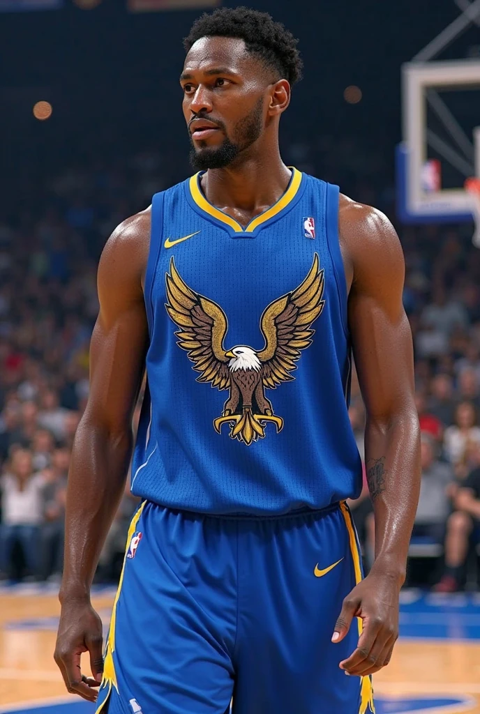 White basketball jersey with blue and Quetzalcoatl