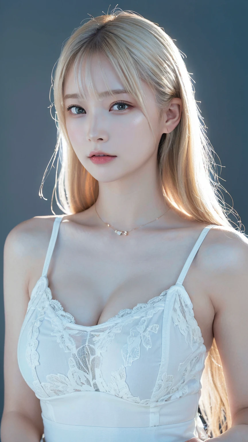 masterpiece, 1 beautiful girl, Delicate eyes, Purebred face_v1, Top quality, Ultra high resolution, (Reality: 1.4), Japanese, Korean, very beautiful, Beautiful skin, slim, (超Reality), (high resolution), (8K), (Very detailed), Delicate face, Bright Lights, Professional lighting, Looking at the audience, Face straight ahead, White backless see-through dress,big nipples, Platinum Hair, Long hair,hair tied back, bun hairstyle, Bangs,hair accessories,