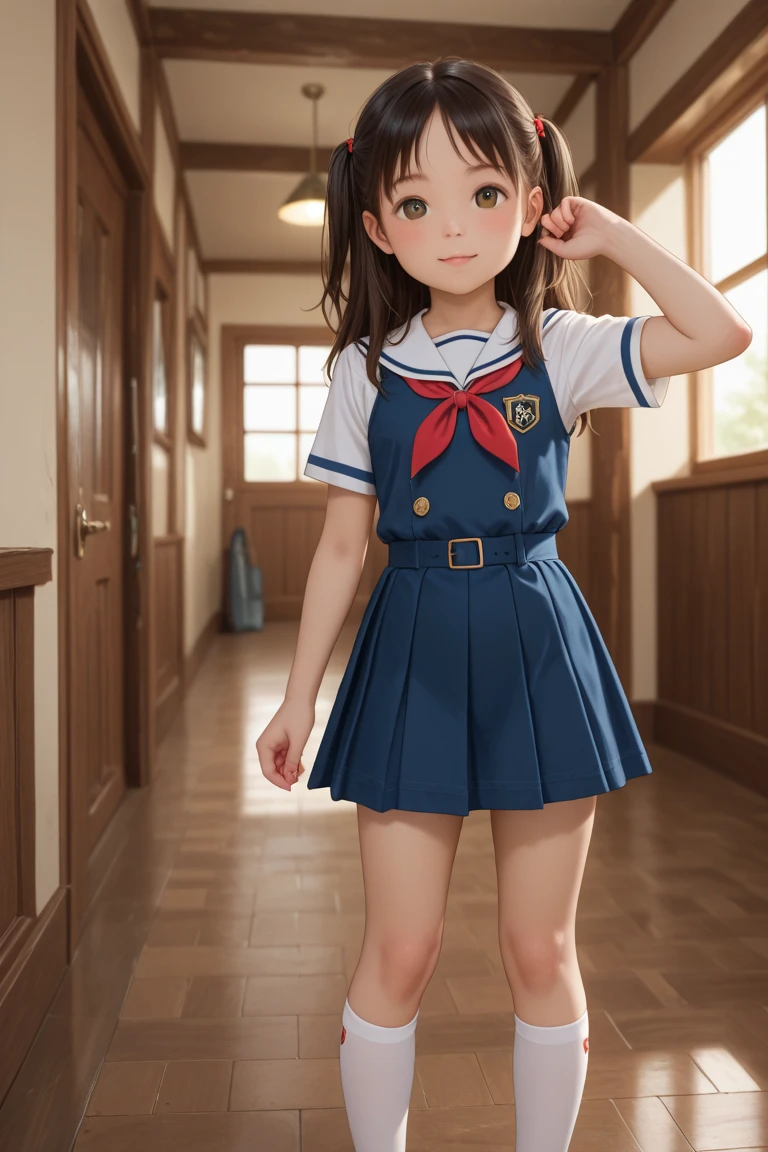 ((12year old girl:1.5)), 1 girl, , petite girl, complete anatomy, whole body, children's body, child, super cute, girl, littautiful girl, beautiful shining body, bangs,brown hair,high eyes,(aquamarine eyess), drooping eyes, petite,tall eyes, beautiful girl with fine details, Beautiful and delicate eyes, detailed face, Beautiful eyes, beautiful shining body, Smiles, happiness,
school uniform, serafuku, skirt, black serafuku, socks, classroom,akebisailor,blurry background,serafuku,
dark blue neckerchief,
natural light,((realism: 1.2)), dynamic far view shot,cinematic lighting, perfect composition, by sumic.mic, ultra detailed, official art, masterpiece, (best quality:1.3), reflections, extremely detailed cg unity 8k wallpaper, detailed background, masterpiece, best quality, (masterpiece), (best quality:1.4), (ultra highres:1.2), (hyperrealistic:1.4), (photorealistic:1.2), best quality, high quality, highres, detail enhancement,