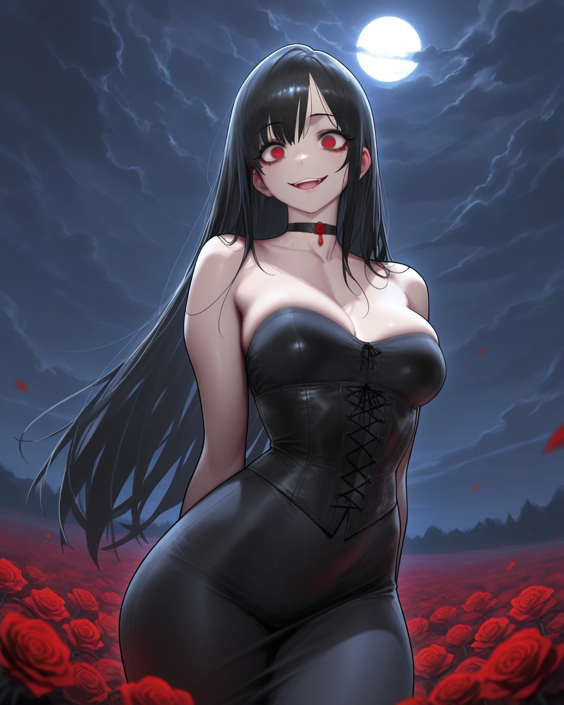 Anime style werewolf woman with C cup breasts , She is dressed in a tight red dress , has red eyes , She has perfect hips