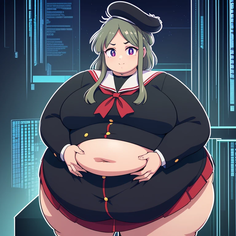 ((())), (((white shirt, sweater vest, black vest, short skirt))), ((green hair)), (((beautiful green eyes))), ((chubby)), (((obese))), ((fat face)), (((big belly))), (((open mouth))), fat wide thighs, belly, (((tender pose ))), (((in a room))), detailed background, ((full body image)), (((both hands on breasts))), (((perfect fat belly))),
