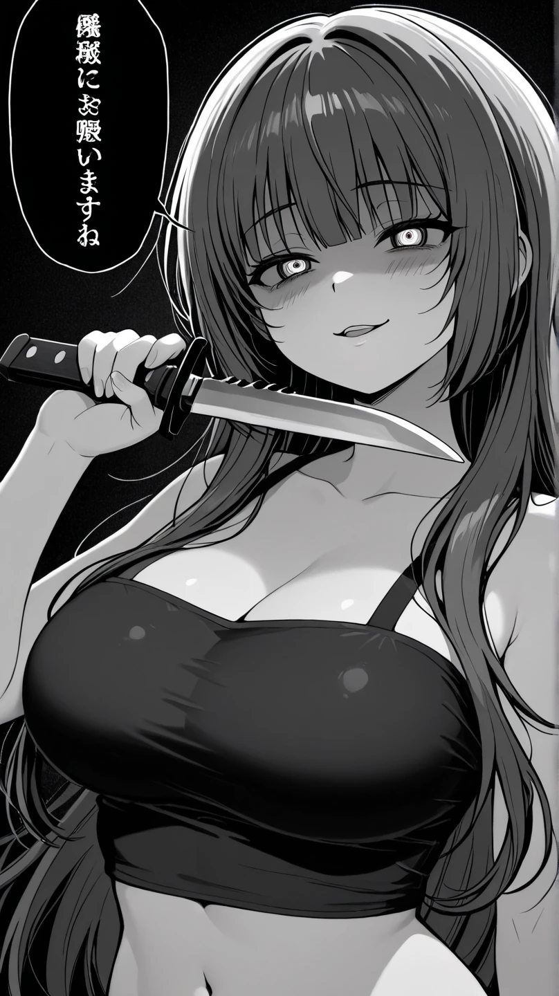 Yor briar、solo、One woman、Black Hair、bangs、Big Breasts、cleavage、collarbone、A woman with very large breasts、Red Eyes、Toned body、Fighting Pose、leotard、Gold earrings、gold hair band、hair band、jewelry、Long Hair、Female focus、View your viewers、Cowboy Shot、Black leotard、The leotard has a high neck、The sleeves of the leotard are sleeveless、The leotard has a high-cut waist、white hair band、Holding one knife、Knife blood、Black background、((masterpiece))、