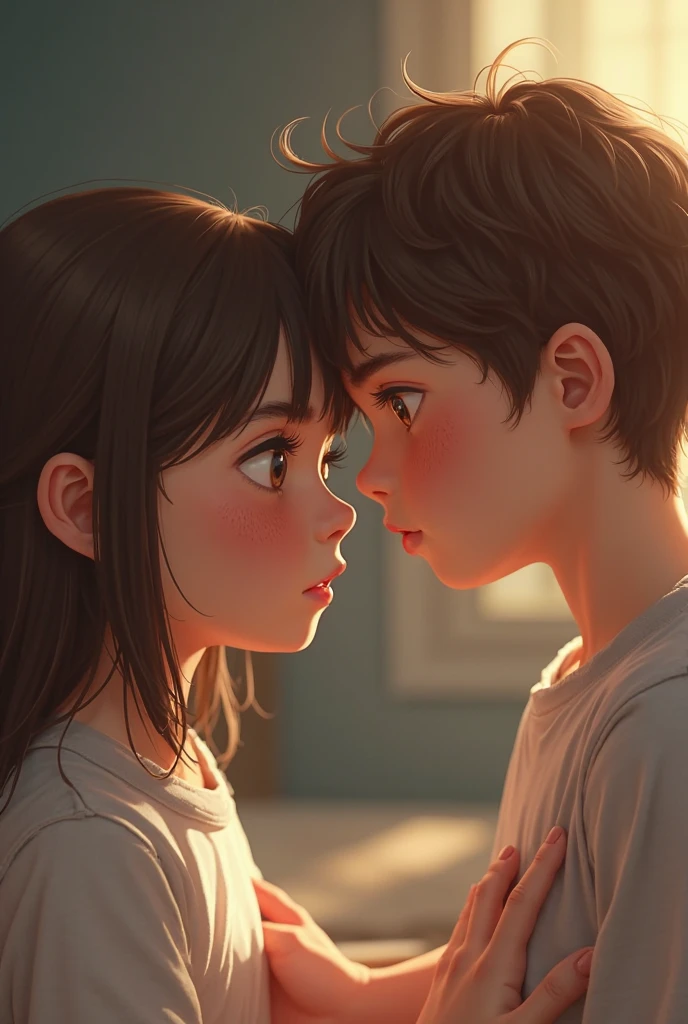 A  girl touchs a 20 year old boy's bottom chin