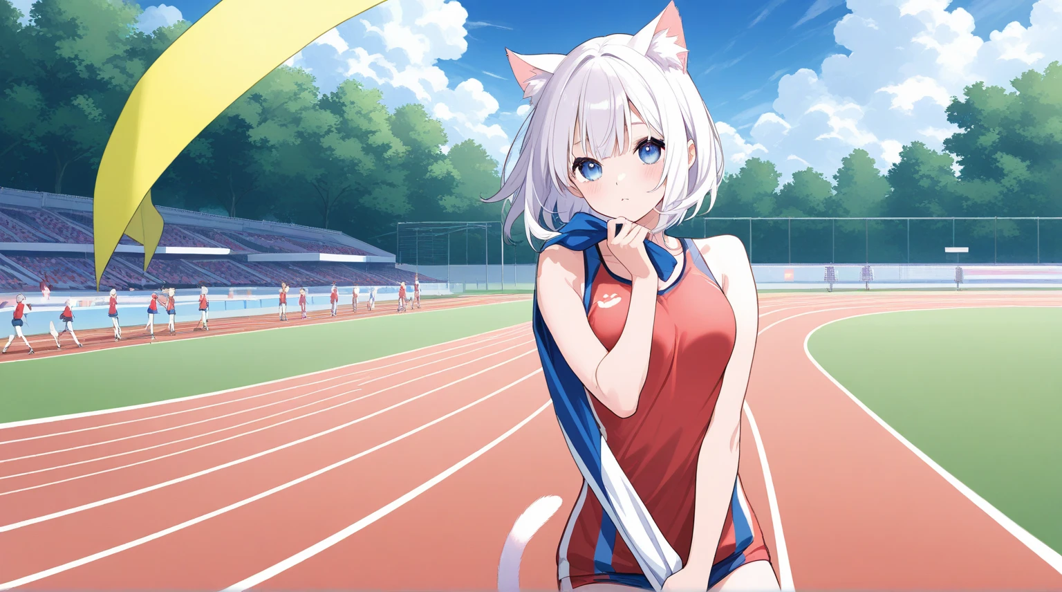 white rabbit years,rabbit girl,short hair,girl,Small breasts,white hair,masterpiece,best quality,super detailed,super fine illustration,8k,(fullface brasched:1.3),masterpiece,best quality,detailed background,BREAK sports wear,BREAK little smile,BREAK sports ground,detailed background,beautiful background,
