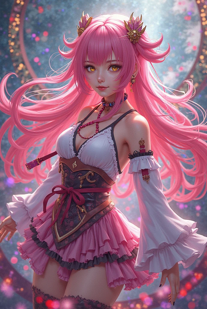 8k, masterpiece, best quality, realistic, higly detailed, cowboy shot, 1girl, solo, Nino, cute, cold-looking girl, waist-length straight hair, square bangs hanging over eyebrows, reddish-pink hair, twin butterfly-shaped ribbons on both sides of head, dark blue eyes, average height, well-endowed figure, large breasts, fashionable girl, various cute accessories, takes care of nails, Ninja