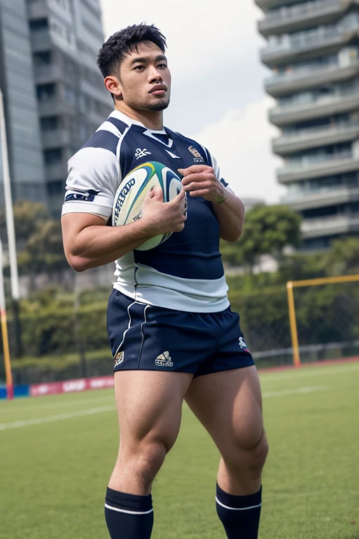 NickEh30 youtuber as rugby player ,Full body, sport tight pants,NickEh30 with rugby esportive purple dirty uniform, Black short hair fade , captivating large openned smile, shaved NickEh30 face, VPL, very happy, volumeric light, NickEh30 wearing team rugby uniform, muscular chest, long legs, left neck look, wide shoulders, nice detailed hands, field rugby bokeh background, colorful golden-hour vivid colors.