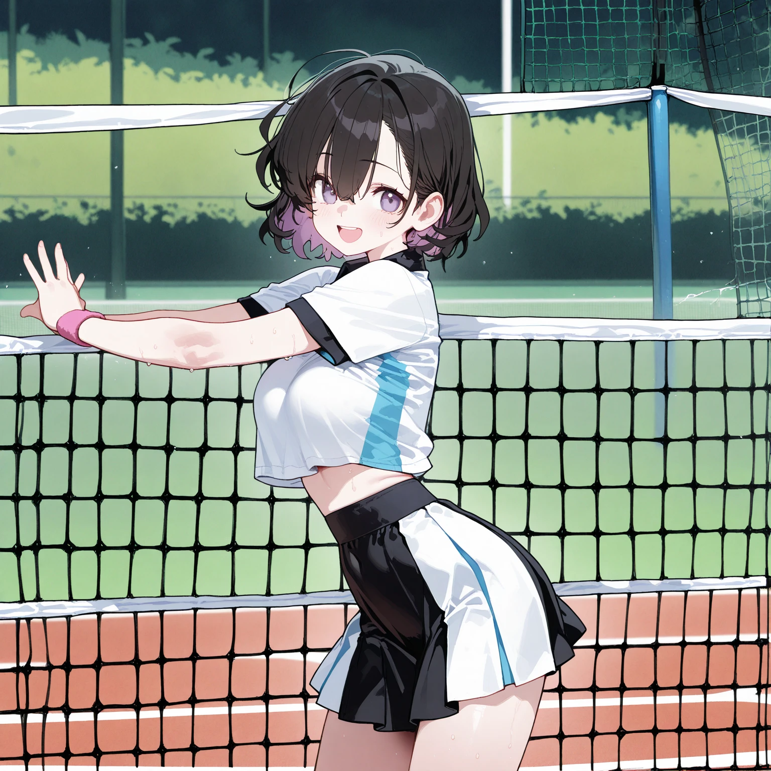 One girl,((Nozomi)),smile、Gentle expression,slender body,ideal ratio body proportions,,arms behind back,training、painful expression、blush、open mouth,,(White tennis wear、body-conscious、white tight polo shirt、white tight mini skirt、perfect pink panties,sweat:1.3),looking back,outdoors、Tennis court、from behind,A complete depiction of the human body,masterpiece, Highest quality, Game CG, ultra detailed、highres、extremely detailed CG
