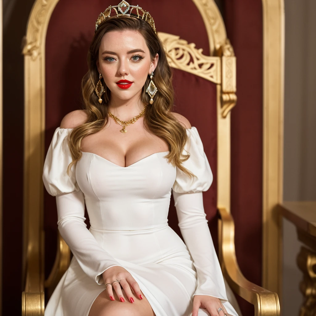 Queen of joy and love (dressed in pinks and deep reds, golden love themed crown), love themed throne, attended to by unicorns and fairies