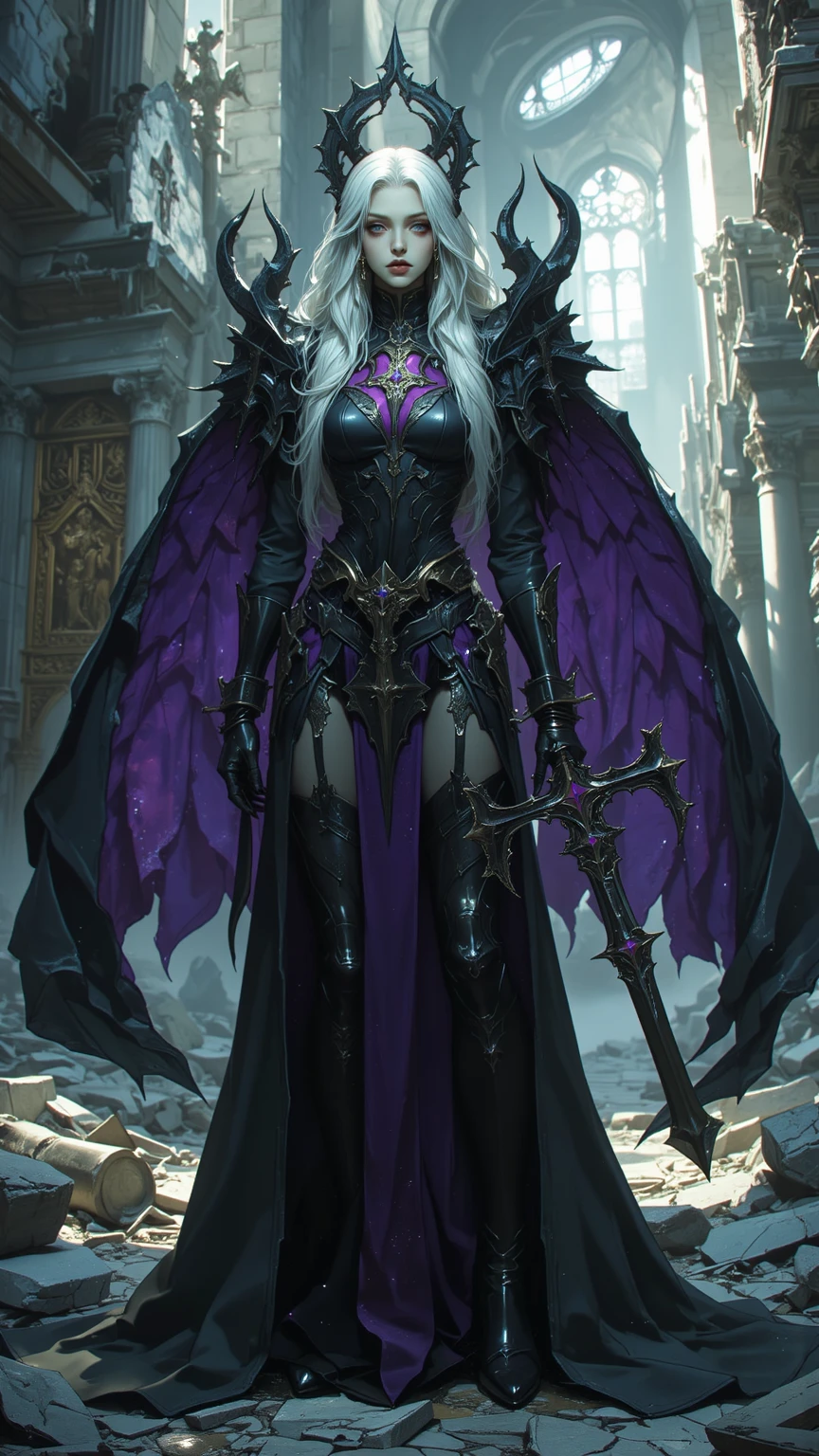 fantasy art, RPG art, high details, best quality, 16k, RAW, [best detailed], masterpiece, best quality, (extremely detailed), (full body: 1.2), ultra wide shot, photorealistic, a (noble woman knight: 1.3) rides her epic (turtle: 1.3)  in the dark streets of a medieval town, the  knight wears (heavy armor :1.3), (white armor: 1.3) , wearing (purple cloak: 1.3), beautiful woman knight, long hair, blond hair, braided hair, noble face, green eyes, armed with a (intricate sword: 1.3), the street is dark, lit by torches, a (fantasy temple: 1.2) in the background, fantasy urban town setting, cloudy night, full red moon, drkfntasy