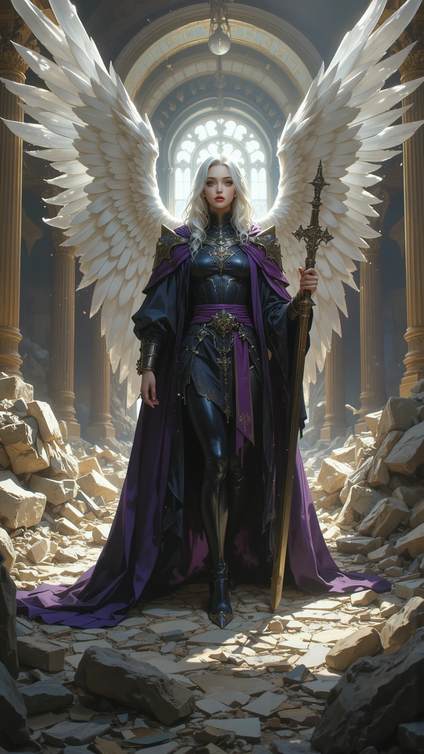 portrait of a female, busty, aasimar, spread white angelic wings, flying (dnd art, fantasy art, masterpiesce best quality), cleric, (dnd art, fantasy art, masterpiesce best quality), with a long braided red (dnd art, fantasy art, Masterpiece, best quality) , heavy white plait mail arrmor , (dnd art, fantasy art, masterpiesce best quality) armed in the right hand with a long sword with runes (Masterpiece, best quality) casting a spell (dnd art, Masterpiece, best quality), wearing cloak, purple, flowing , in a fantasy castle background , (dnd art, fantasy art, Masterpiece, best quality) --auto