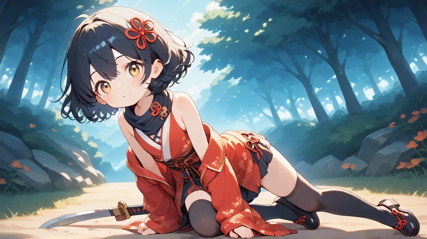 , (masterpiece, best quality:1.2), 1girl, tired, looking down,cute, petite, flat_chest, legs, thighs, teal blue hair, chonmage, light golden yellow eyes, BREAK, ( layered kimono, hair ornament, toe socks, lace-up boots), BREAK, atmospheric perspective, on side, BREAK, outdoors, mountain
