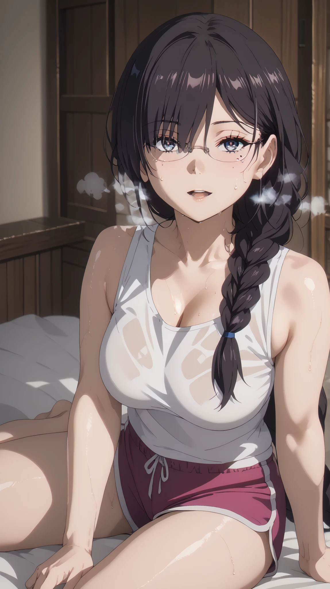 score_9, score_8_up, score_7_up, score_6_up, uncensored, juumonjikaho, glasses, black_hair, long hair, mole, blue_eyes, bangs, braid, single braid, bright pupils, anime coloring, anime screencap, large breasts, (voluptuous:1.3), (thick:1.3), BREAK UHD, retina, masterpiece, accurate, anatomically correct, textured skin, super detail, high details, high quality, award winning, best quality, highres, 4K, excessive sweating, sweating, sweating drop, (gasping, heavy breathing:1.3), (skindentation:1.2), perfect eyes, beautiful eyes, eyelashes, makeup, detailed body, perfect body, BREAK, 1girl, solo, sitting, breasts, barefoot, (curvy:1.2), toes, feet, looking_at_viewer, foot_focus, smirk, upper teeth, white shirt, sleeveless, dolphin shorts, short shorts, pink shorts, tank top