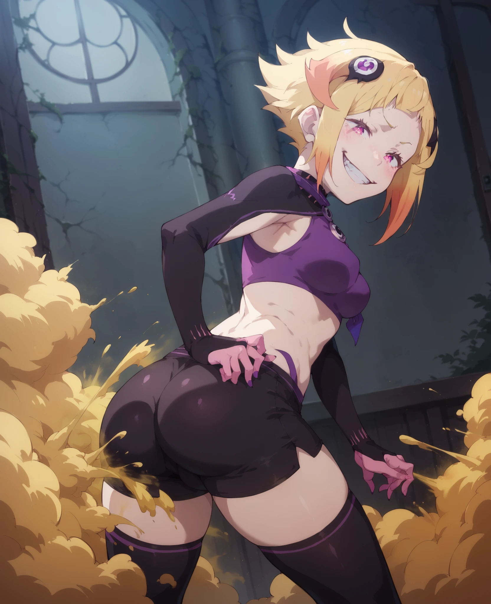CapellaRZ, multicolored hair,blonde hair, short hair, medium breasts, pink eyes, evil smile, purple midriff, black shorts, black thighhighs, hair ornament, Fart ass