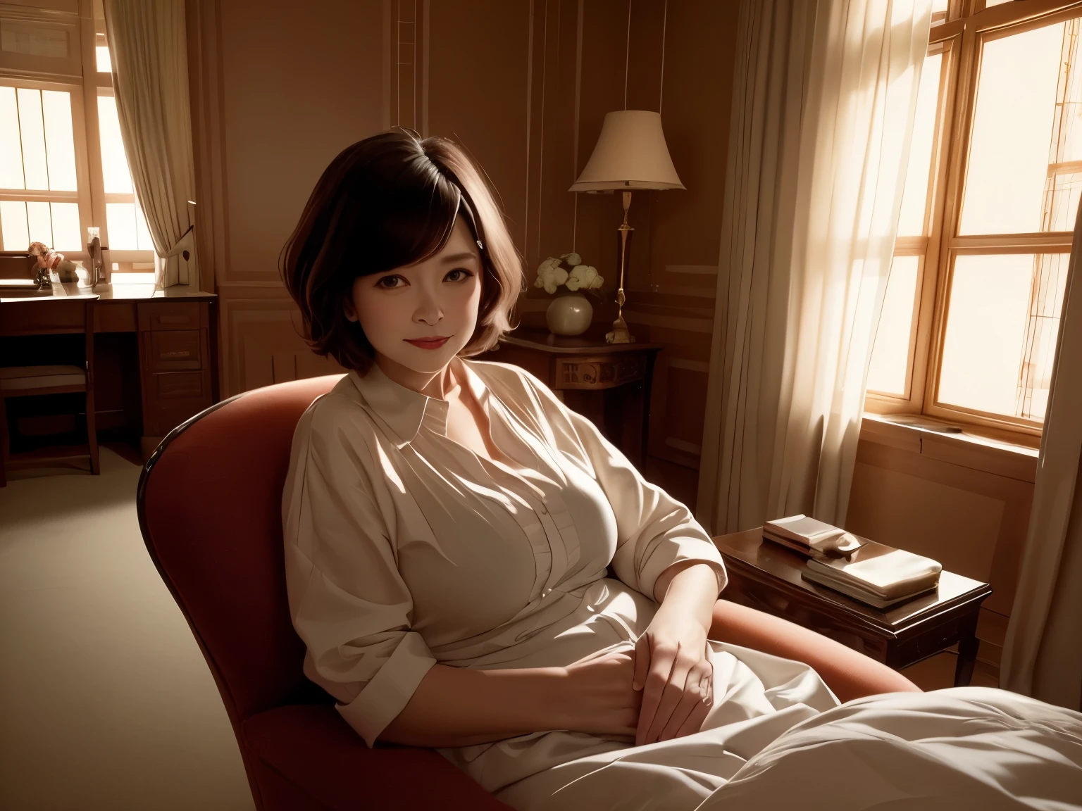 381 (20 year old woman),(short hair),(gentle smile),(high quality photos),( cinematic pictures playing on the lawn ),(colorful),(luxurious room),((contrast between light and shade))
