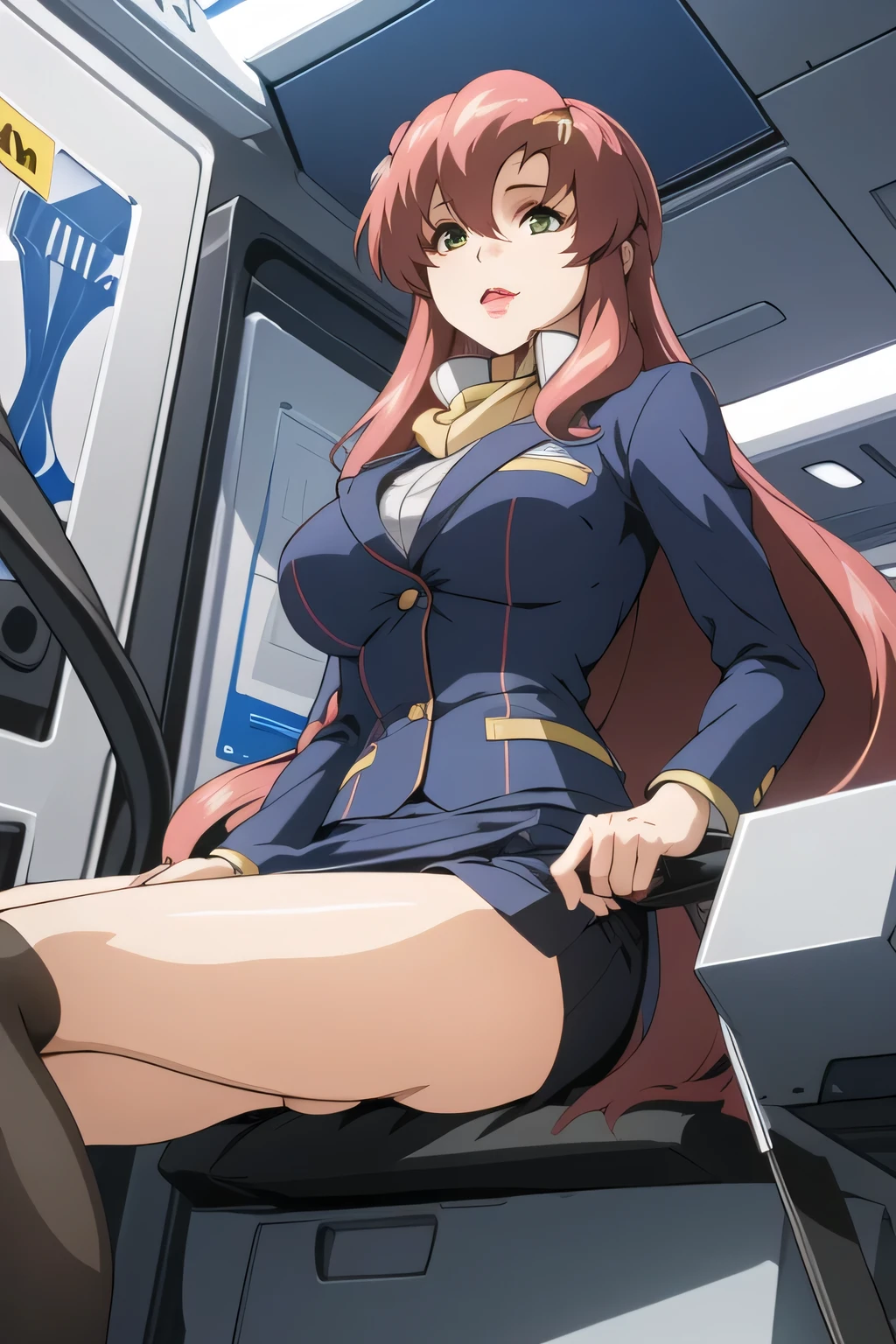 smile,Big BreastsをさらにBig Breastsに、The pink hair color is more vivid、accurate depiction of hands and feet、flight attendant uniform with legs,please draw her expression more delicately, dark blue panties ,(draw a more delicate expression),(Yellow Scarf),( navy blue blazer, dark blue micro mini skirt ),(the bottom of the blazer is a white blouse)( dark blue panties ),brown stockings,Black High Heels,一people々々々this is a great enough job, don't cut your face。I need it for work。, ,, , , She's an attractive woman , 立っているpeople々々Can you draw things、 , , Big Breasts, Thin Waist , , ,I'm a woman 立っているpeople々々Can you draw things、is very important at work, it is important to accurately draw 5 fingers,people々々々々cinematic lighting and ray tracing to see dark blue panties through gaps ,30歳大people々woman with sex appeal,