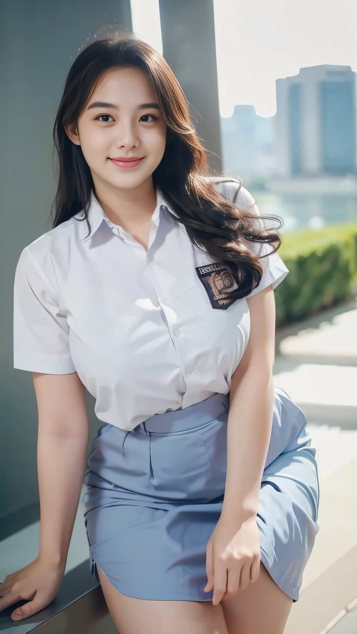 1girl, solo, 19 years old, (uniform), detailed Metropolitan city at the background, portrait, thick breasts, semi-curvy body, smooth realistic skin, cute smile, white shirt, grey blue short skirt, looking at the audience, high angle shot,(8k, RAW photo, best quality, masterpiece: 1.3), (realistic, realistic: 1.37), ultra-high resolution, cowboy shot