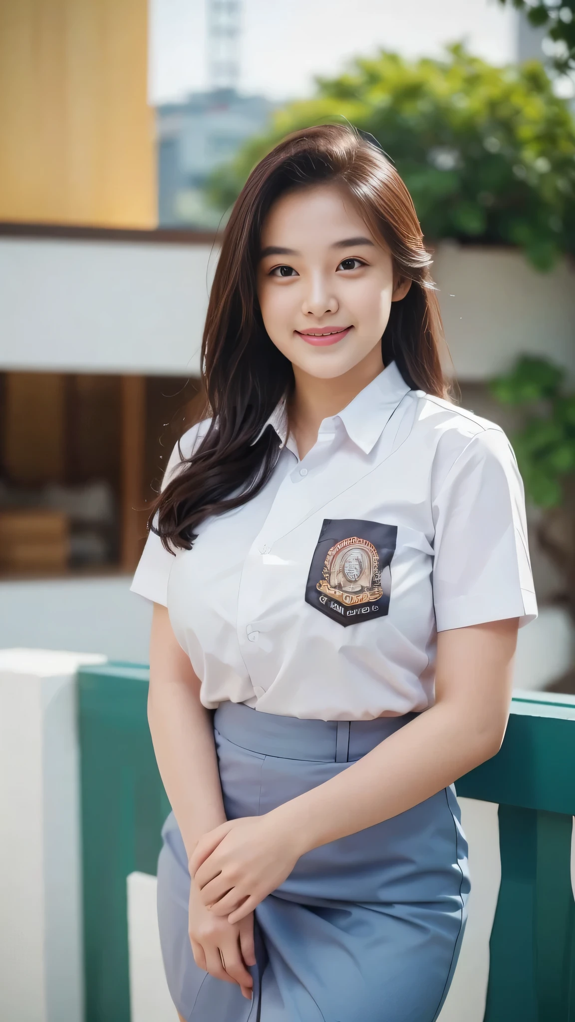 1girl, solo, 19 years old, (uniform), detailed Metropolitan city at the background, portrait, thick breasts, semi-curvy body, smooth realistic skin, cute smile, white shirt, grey blue short skirt, looking at the audience, high angle shot,(8k, RAW photo, best quality, masterpiece: 1.3), (realistic, realistic: 1.37), ultra-high resolution, cowboy shot