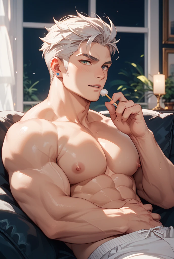 ((the best quality)), ((Masterpiece)), (details), perfect face, high definition, Masterpiece,4k,details clearly, Handsome face, white skin, perfect body, male body, strong muscles, abdomen, Blue eyes, white skin, The most handsome man in the world, handsome, The coolest face, Male characters, close image (1man, shirtless), young man, mischievous smile, Extremely muscular tall man, open your eyes ((detailed eyes)), huge, muscular body and Massive, bulging pecs, muscular abs, narrow waist, short hair, delicate big eyes, carefree expression, clear face, handsome (detailed face, perfect face) ((extremely realistic shadows, bodybuilding posture, human, ((22-year-old young man)), V shape, Shirtless, topless, close up look, CG sense, Textured skin, the best quality, Storytelling images, show Panty line, Show your abs, show arm muscle, white hair, shining Blue eyes, eyes contact, high school, Pink Shorts, Shorts, pink outfits, lie on the bed, Male Shorts, Spread your legs, top view, delicate face, bight light, Topless, Shirtless, Cute face, ((hands Detailed))