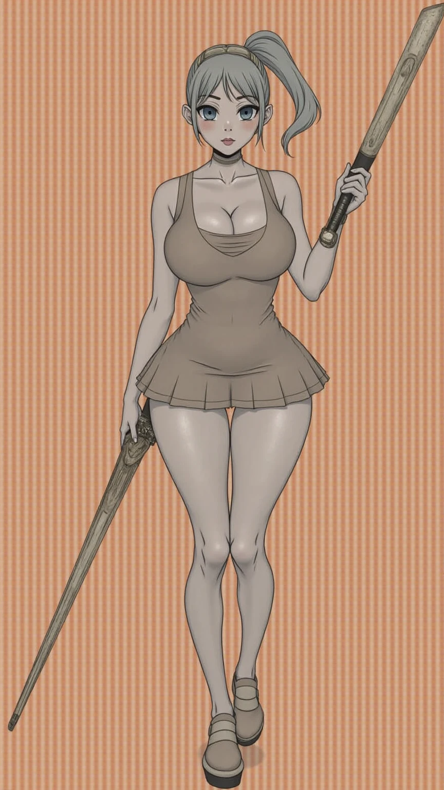 (Masterpiece, plain background:1.2) Female full body, standing straight symmetrical feet together, blood dark elf, dark skin, long messy white hair, short elf ears, circlet, yellow eyes, 1990s (style), female 1sologirl slingshot micro bikini, barefoot