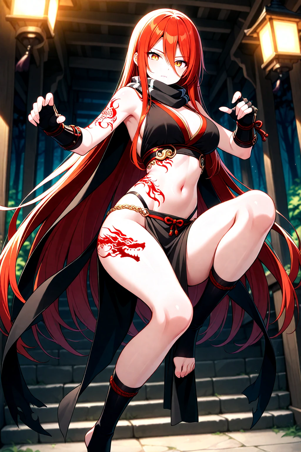 girl,teen, dark red hair, ponytail, anime Bleach soulreaper, holds a Zanpakuto, hakana, armor, facepaint, exposed breasts, small breasts, naked breasts, vibrant appearance, creative behavior, imaginative, sensual, spontaneous, highest quality, skin texture, intricate details, (cinematic lighting), RAW photo, 8k