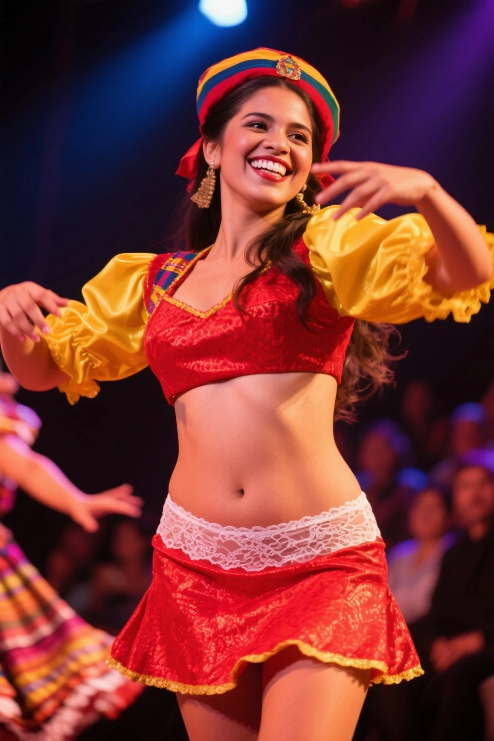 Em uma festa tradicional brasileira, a young woman dazzles everyone around her with her stunning traditional costume. Seu vestido de festa, ricamente bordado e colorido, highlights her radiant beauty as she dances to upbeat music. Seus cabelos negros caem em cachos suaves sobre seus ombros, perfectly complementing your charming appearance. Com cada movimento gracioso, ela incorpora a energia vibrante e alegre do Brasil, Captivating everyone with your captivating presence.